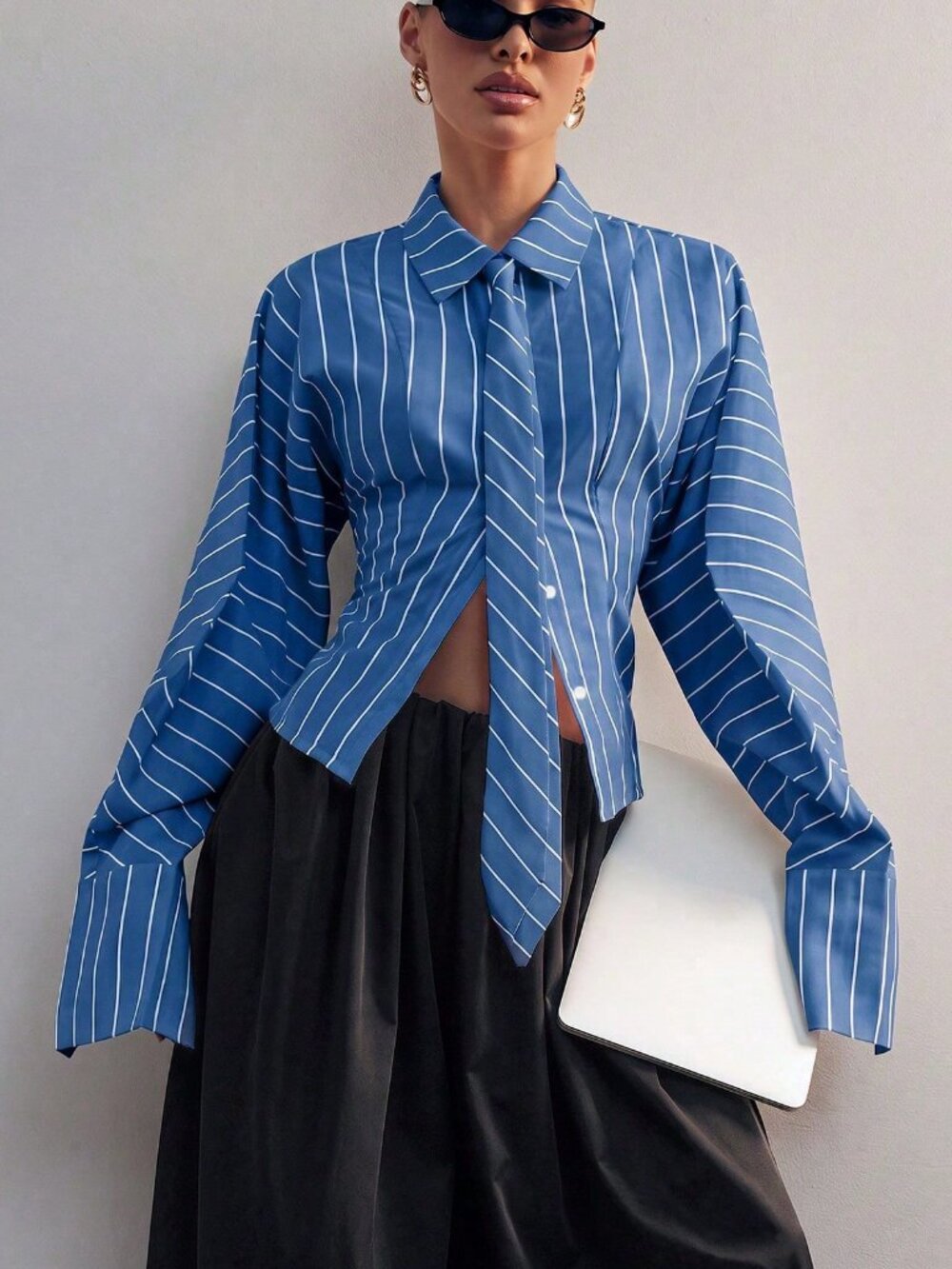 Blue Casual Women's Elegant Commute Classic Striped Lapel Long Sleeve Tie Shirt